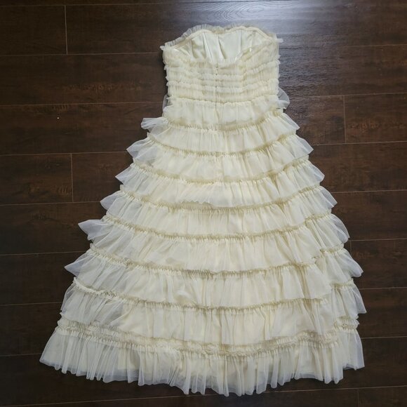 Mac Duggal Strapless Tiered Ruffled Dress Womens 2 Butter Yellow Romance Enchant - Picture 3 of 8